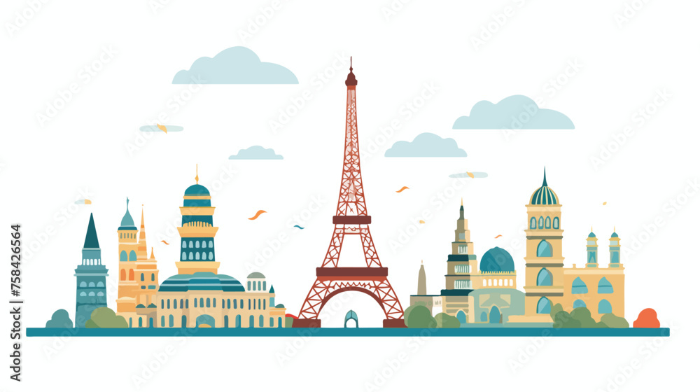 A playful pattern of landmarks like Eiffel Tower