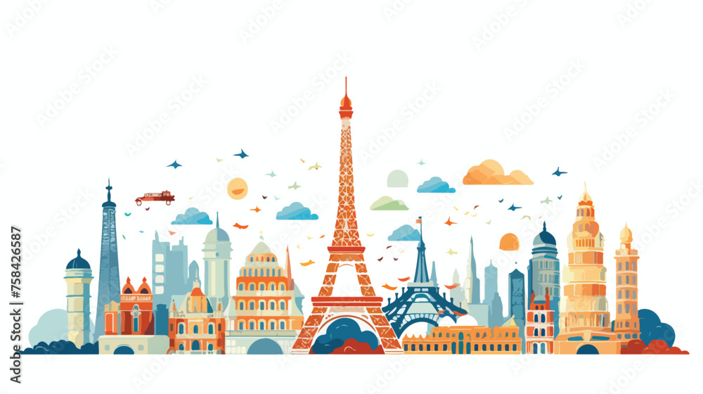 A playful pattern of landmarks like Eiffel Tower - obrazy, fototapety, plakaty 