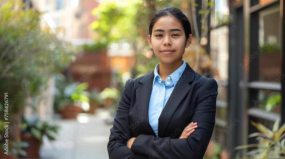 The image depicts a person standing outdoors in a professional attire. The individual wears a dark blazer and a light blue shirt The image depicts a person standing outdoors in a professional attire. The individual wears a dark blazer and a light blue shirt