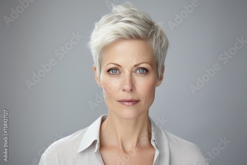 Portrait of a beautiful middle aged woman with short blonde hair.