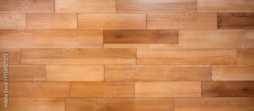 A closeup of a brown wooden floor  showcasing the amber hue of the wood stain. The rectangular planks provide a warm and inviting flooring option