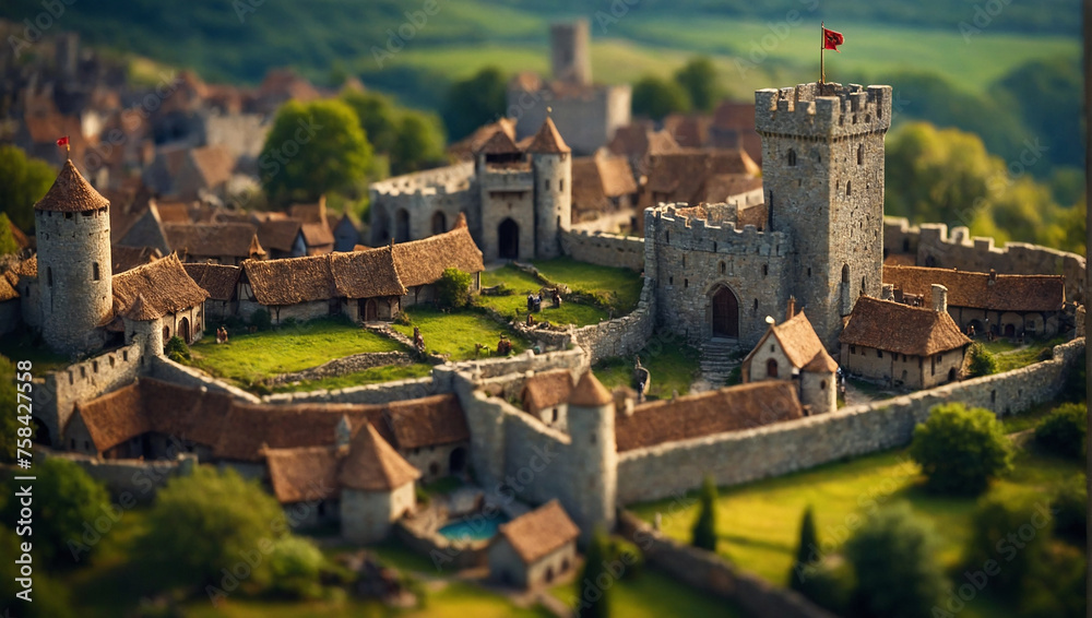 A realistic painting of a medieval town with stone walls and red-roofed houses. 