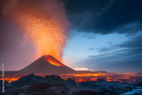 火山の噴火で補脳と煙が吹き出す災害の様子、流れ出す溶岩、火山灰