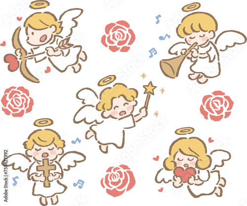 ゆるくてかわいい天使の子ども達とバラのイラストセット
