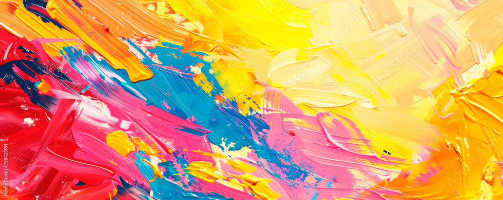 Close-up of a colorful painting reveals vibrant hues blending seamlessly, showing rich textures and intricate patterns in a masterful composition. Banner. Copy space. Close-up of a colorful painting reveals vibrant hues blending seamlessly, showing rich textures and intricate patterns in a masterful composition. Banner. Copy space.