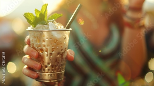 A refreshing iced mint julep cocktail in hand, capturing the essence of summer bliss at golden hour photo