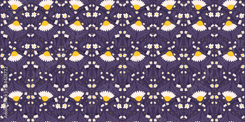 Unbroken Seamless pattern highlighting daisies in midnight violet. Chamomile recurring design against a purple background