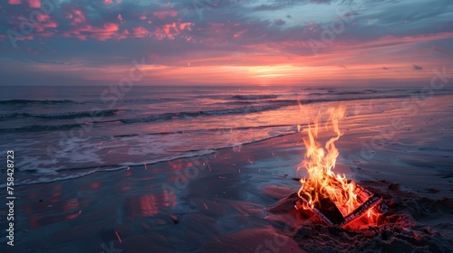 Tranquil Beach Bonfire at Sunset
