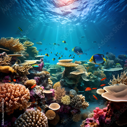 A vibrant underwater coral reef with diverse marine life