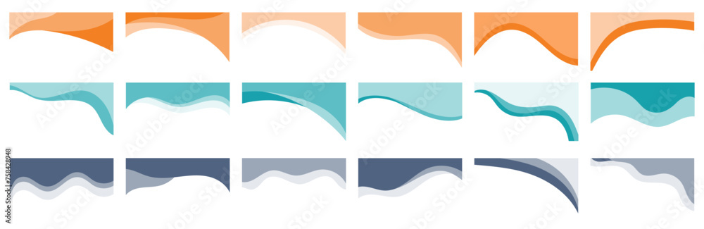 Compilation of assorted shapes for web page headers or footers. Design template serving as a separator on a landing page. Heading depicted in a flat vector style - obrazy, fototapety, plakaty 