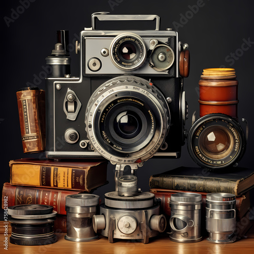 A vintage camera with film reels and photography equipment
