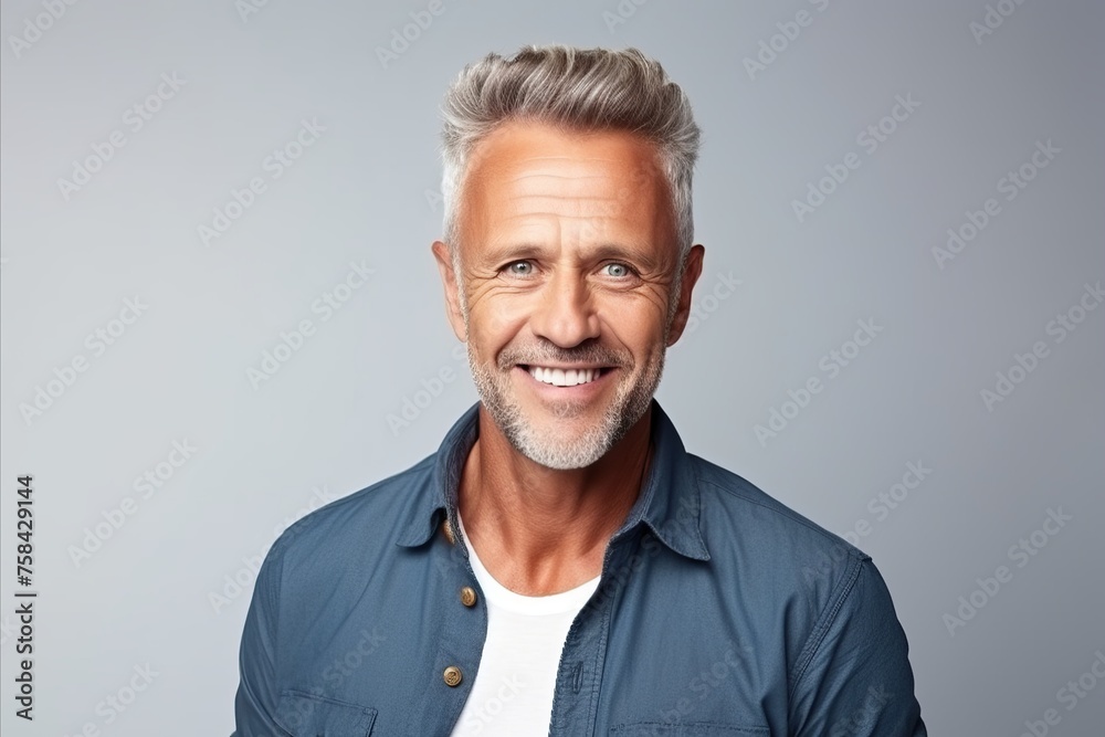 Portrait of a handsome mature man smiling at camera against grey background Portrait of a handsome mature man smiling at camera against grey background
