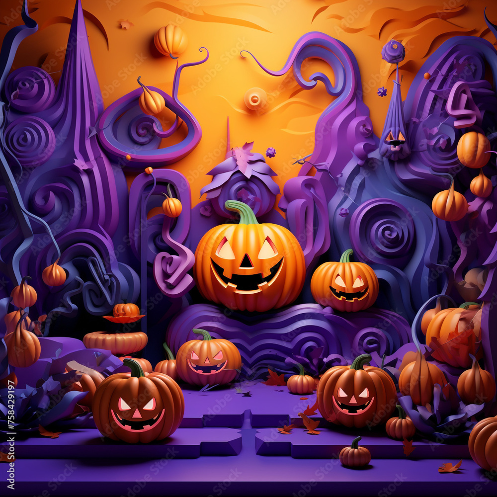 Purple and orange halloween background with various pumpkins created with Generative Ai