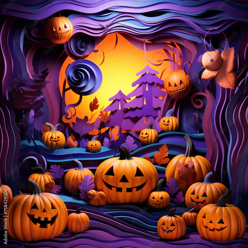 Purple and orange halloween background with various pumpkins created with Generative Ai