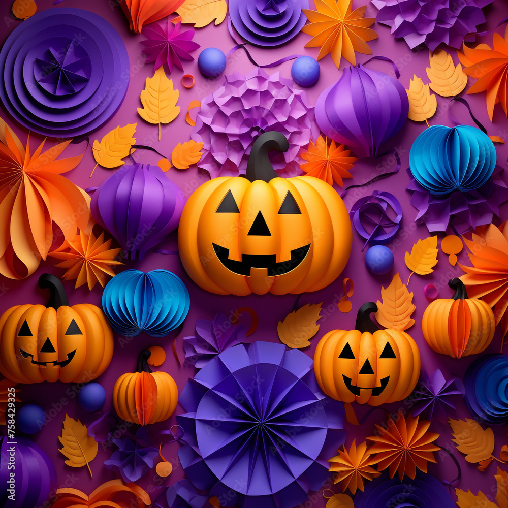 Purple and orange halloween background with various pumpkins created with Generative Ai Purple and orange halloween background with various pumpkins created with Generative Ai