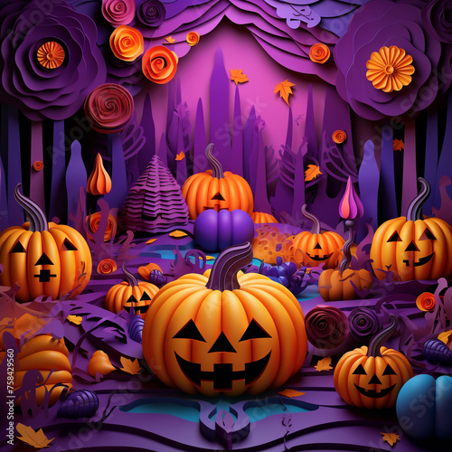 Purple and orange halloween background with various pumpkins created with Generative Ai