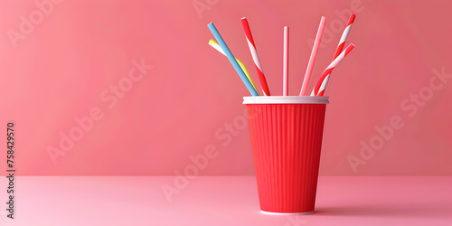 Red paper cup with colorful straws on pink background  Red Paper Cup & Colorful Straws Party Set   photo