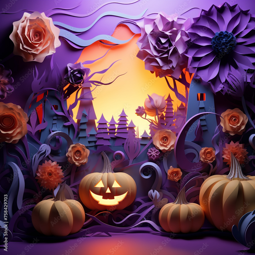 Purple and orange halloween background with various pumpkins created with Generative Ai Purple and orange halloween background with various pumpkins created with Generative Ai