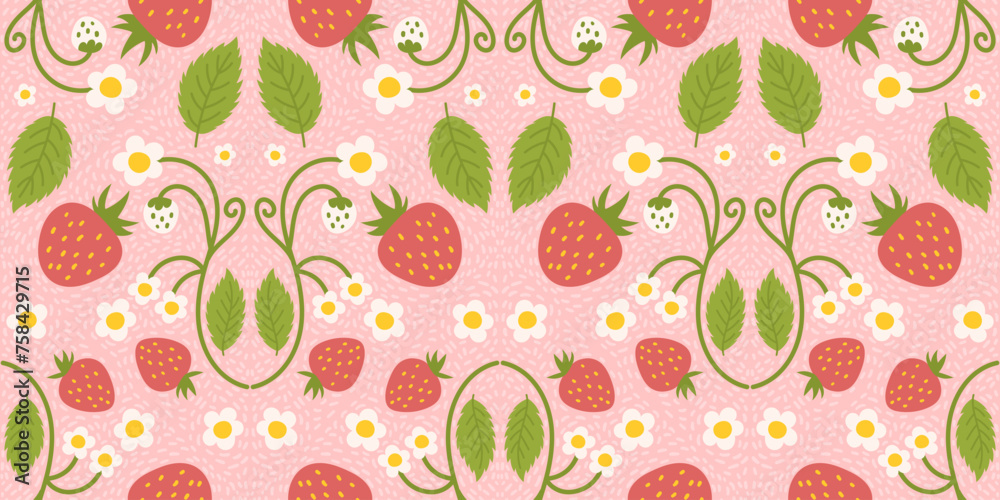 Seamless pattern design showcasing strawberries, sweet berries, flowers, green foliage. Recurrent surface design suitable for kitchen clothing, fabrics, gift wrapping, and other applications