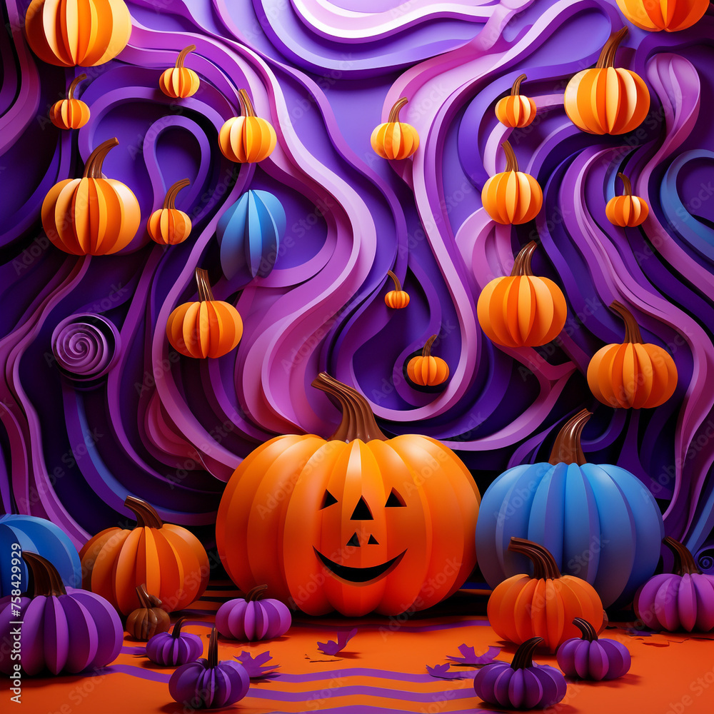 Purple and orange halloween background with various pumpkins created with Generative Ai Purple and orange halloween background with various pumpkins created with Generative Ai