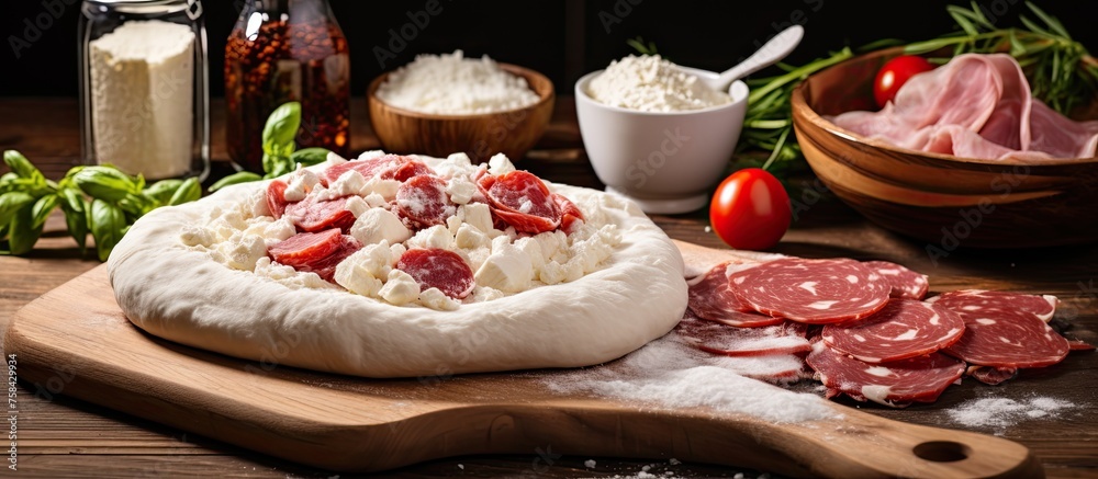 A pizza dough rests on a wooden cutting board, ready to be topped with soppressata and ventricina for a delicious Italian dish. Cooking up a classic cuisine recipe using animal products