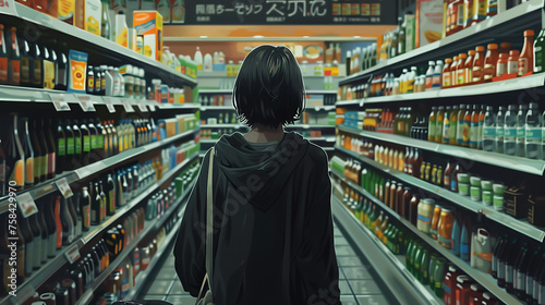 The image depicts a person standing in a well-stocked grocery store aisle. The individual is seen from behind, wearing a dark-colored sweater and carrying a bag over their shoulder. photo