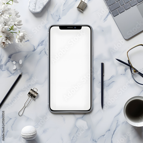 Mock-Up Smartphone on Marble Desk with Desk Accessories generative ai