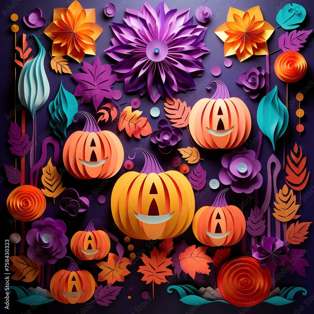 Purple and orange halloween background with various pumpkins created with Generative Ai Purple and orange halloween background with various pumpkins created with Generative Ai