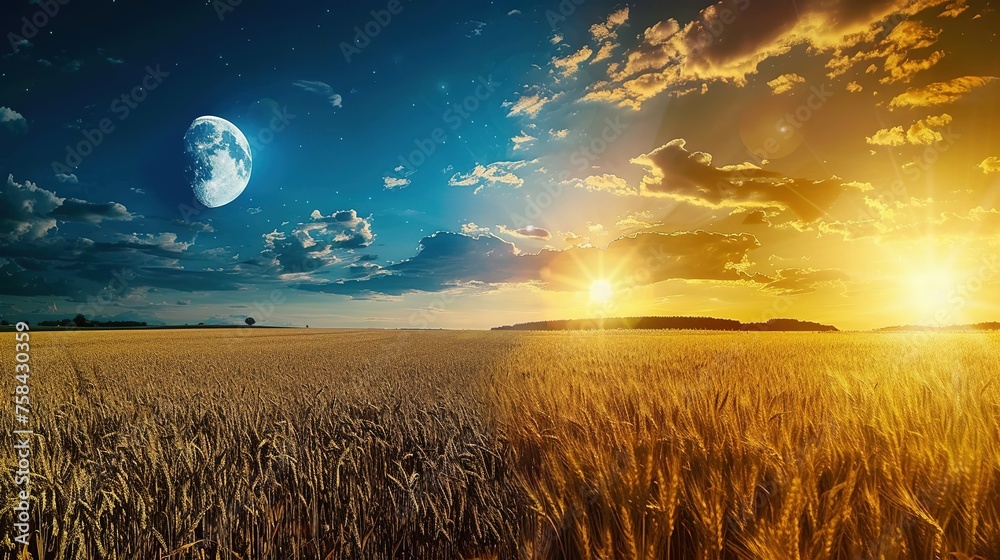 Beautiful landscape of a wheat field. Day and night. Moon and sun in one picture. Panorama of changing time of day. Night sky. Bright sun on a blue sky.Wide field of wheat. generative aI - obrazy, fototapety, plakaty 
