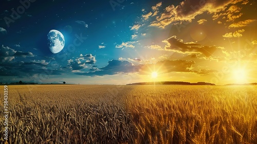 Beautiful landscape of a wheat field. Day and night. Moon and sun in one picture. Panorama of changing time of day. Night sky. Bright sun on a blue sky.Wide field of wheat. generative aI
