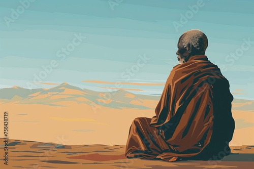 Elderly African Man Contemplating at Sunset, Symbolic Illustration of Reflection and Life's Journey