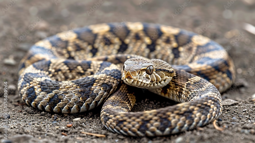 A snake is coiled up on the ground, showing its scaled body and distinctive pattern ai generative images