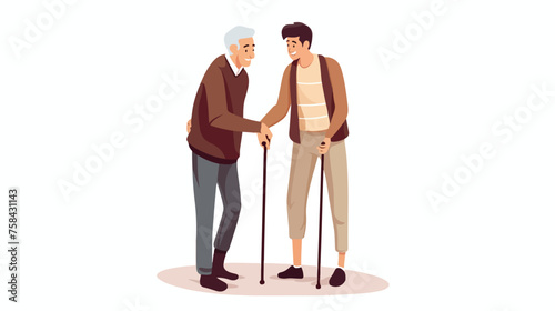 Young man social worker helping elder grey haired 