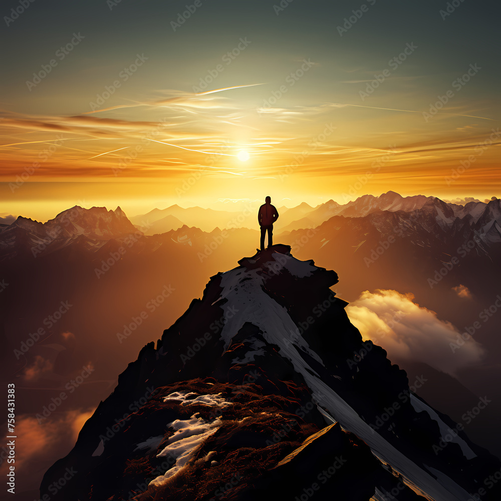 Silhouette of a person standing on a mountain peak 