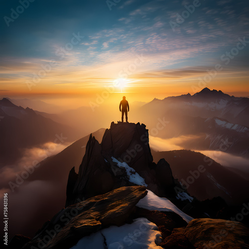 Silhouette of a person standing on a mountain peak 