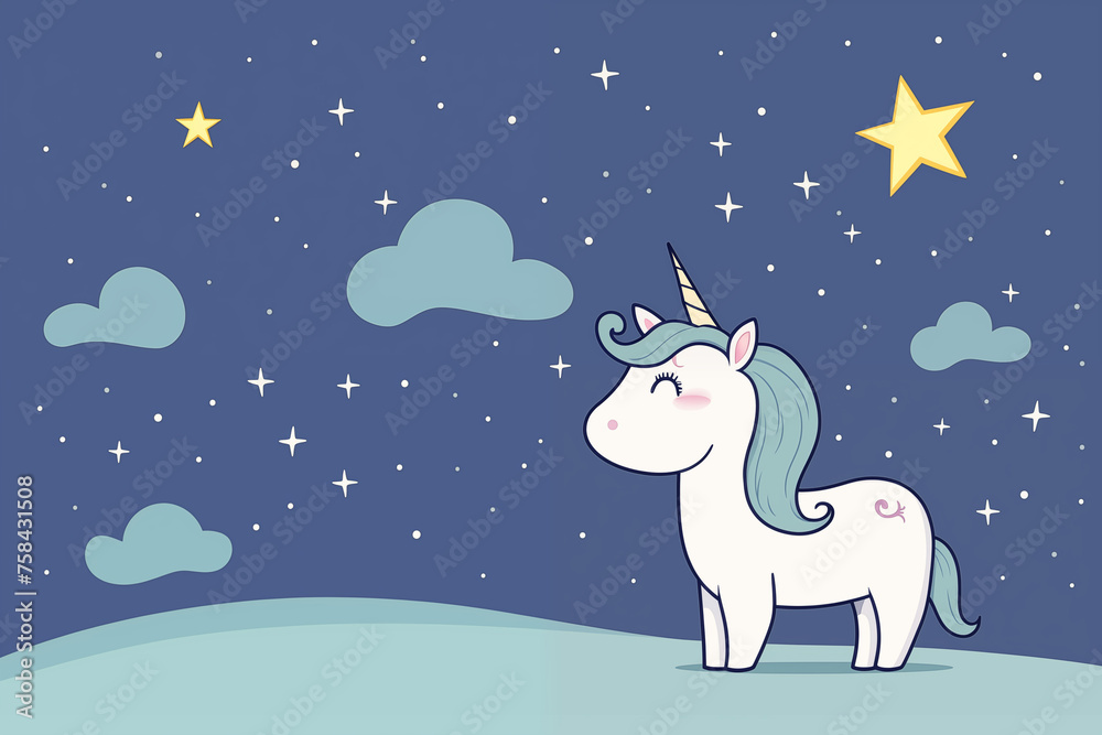 A cartoon unicorn is standing in a field of stars A cartoon unicorn is standing in a field of stars