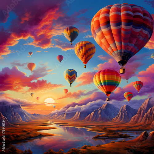 Vibrant hot air balloons against a sunrise sky.