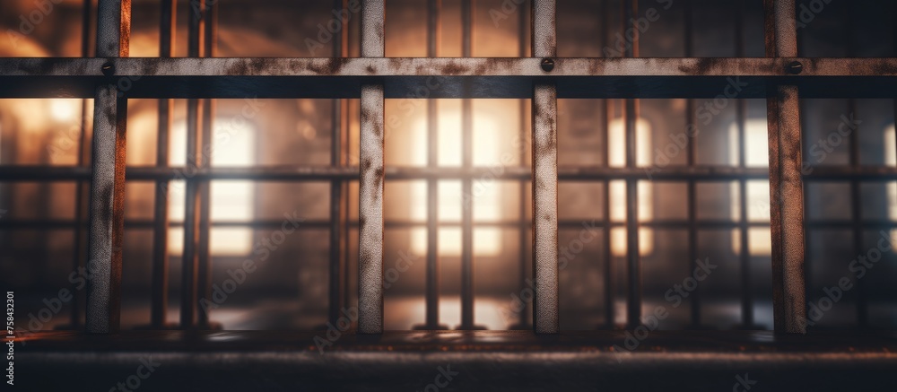 Fototapeta premium The buildings facade features a blurred image with tints and shades, showcasing various windows, sash windows, and bars. The wooden door and flooring add to the overall aesthetic