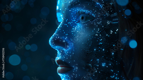 Digital portrait of a woman's face composed of glowing blue dots, symbolizing the intersection of humanity and technology in a dark background..