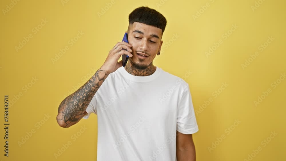 Cheerful young latino man caught mid-conversation on his phone, all smiles against a vibrant yellow wall – technology sparking joy in solitude Cheerful young latino man caught mid-conversation on his phone, all smiles against a vibrant yellow wall – technology sparking joy in solitude