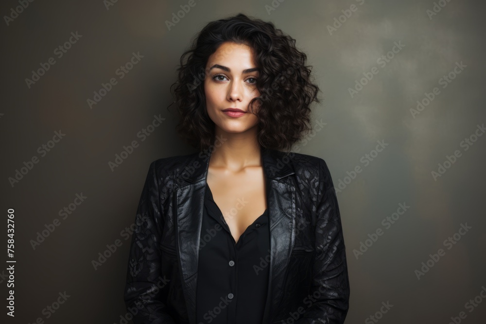 Portrait of beautiful brunette woman with curly hair in black leather jacket