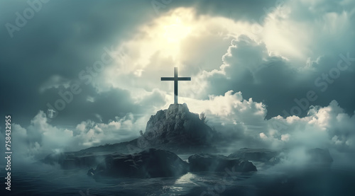 A cross is on a rocky island in the middle of a stormy sea photo