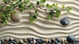 Zen rock garden. Circle patterns and green leaves on beige sand