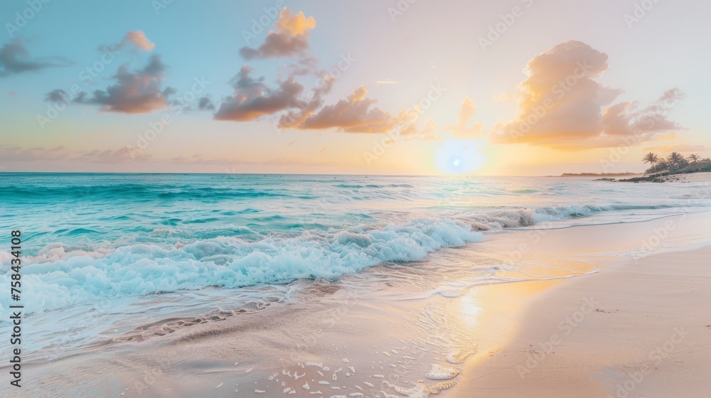 Serene Sunset Beach with Pastel Skies AI Generated.