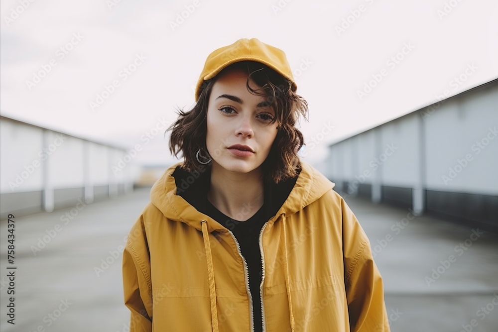 Portrait of a beautiful girl in a yellow raincoat and a yellow cap.