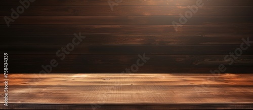 A brown hardwood table sits against a dark wooden wall, enhancing the natural landscape with its wood stain and shades. The horizon blends into the cloudlike wood grain, creating a unique backdrop