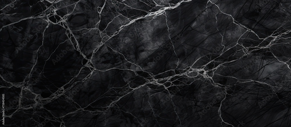 A closeup of a monochrome pattern resembling black marble with white veins, capturing the beauty of natures intricate design