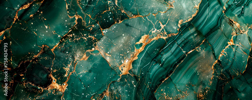 Green marble under scrutiny reveals a world of vibrant swirls. Each pattern, a signature of nature’s artistry, weaves a rich tapestry of elegance. Banner. Copy space. photo