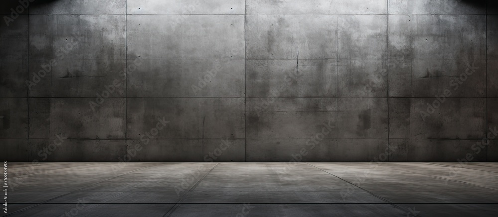 An empty room with a concrete floor and wall, resembling the tints and shades of a grey monochrome photograph, under a cloudy sky - obrazy, fototapety, plakaty 