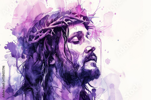 Purple splash watercolor sketch painting of the face of Jesus Christ